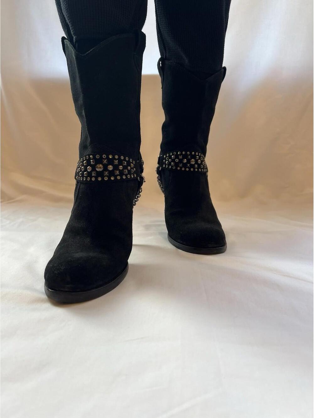 Barneys New York Womens Black Suede Studded Cowboy Boots 8.5